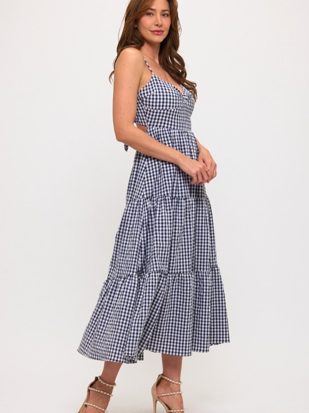 Gingham Bow Bust Tie Back Tiered Maxi Dress